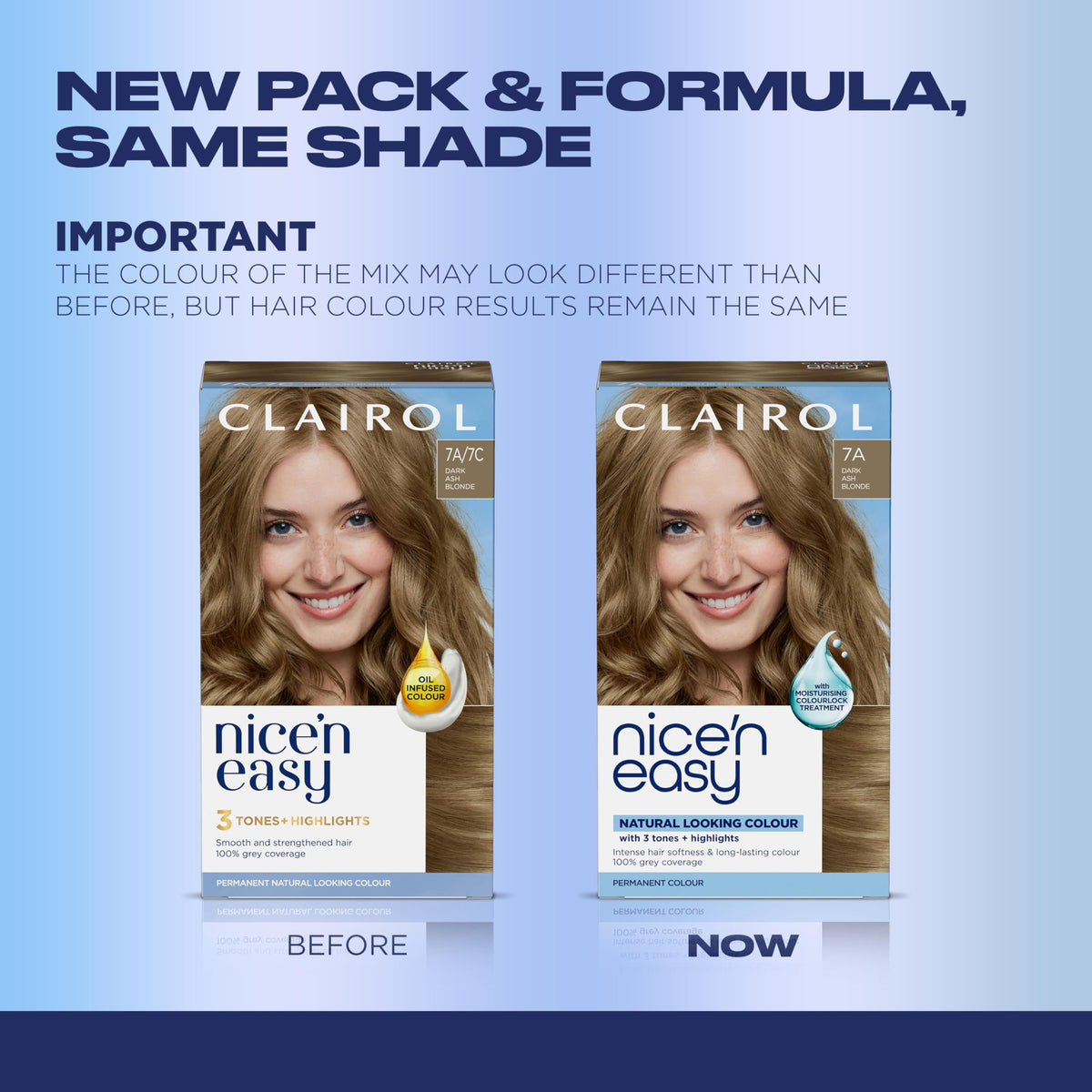 Clairol Nice'n Easy 7C Dark Cool Blonde packaging with colour samples