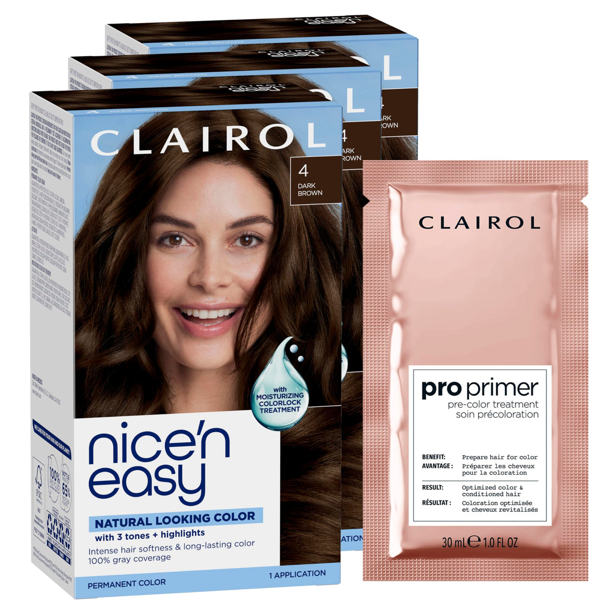 Clairol Nice'n Easy Permanent Hair Dye 4 Dark Brown packaging front view
