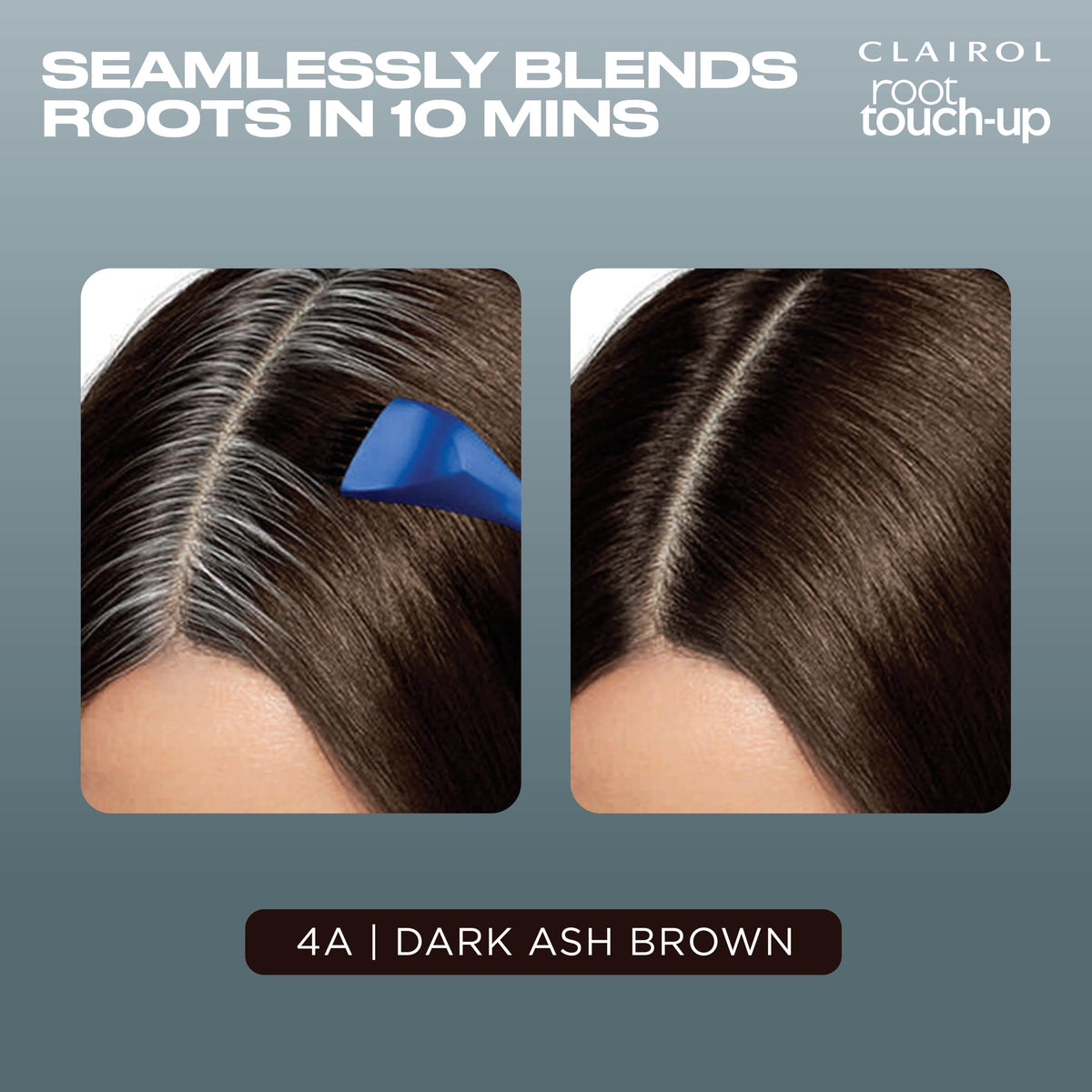 Clairol Root Touch Up 4A Dark Ash Brown application process with brush