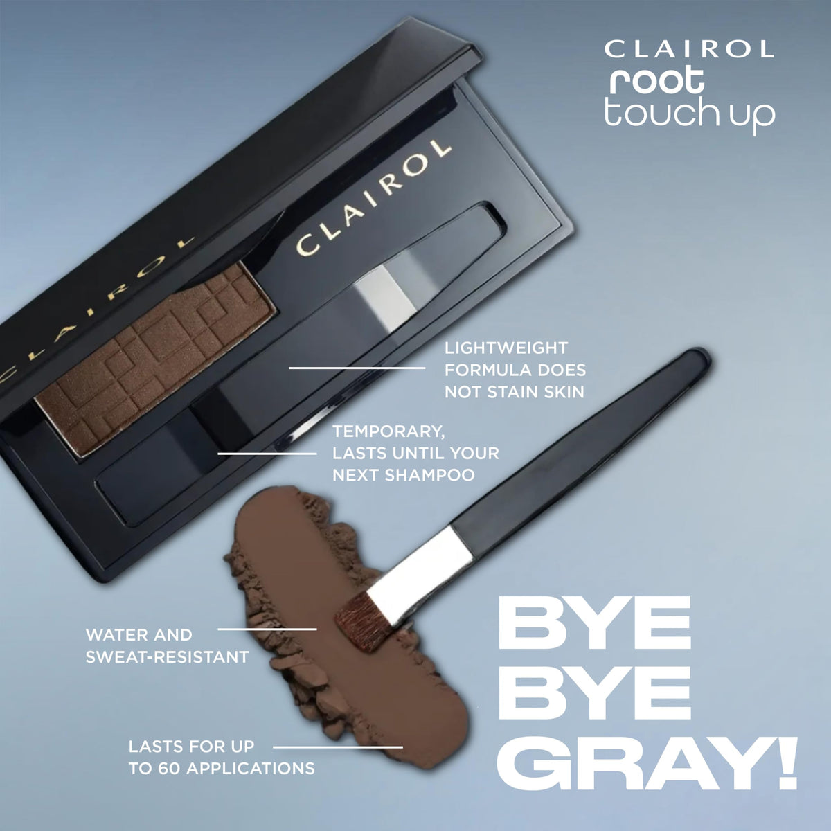 Clairol Root Touch-Up Powder Light Brown on a vanity