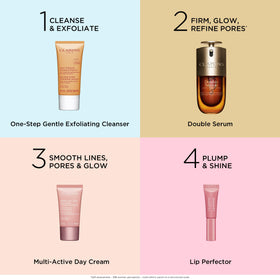 CLARINS Smooth and Glow Starter Set displayed on a vanity
