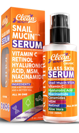 Clean Beauty Snail Mucin Serum front view with packaging