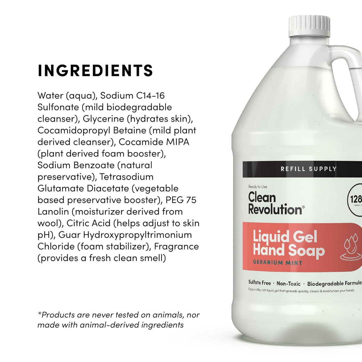 Clean Revolution Liquid Gel Hand Soap Refill 128 Fl Oz Geranium Mint label close-up