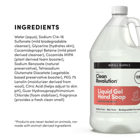 Clean Revolution Liquid Gel Hand Soap Refill 128 Fl Oz Geranium Mint label close-up