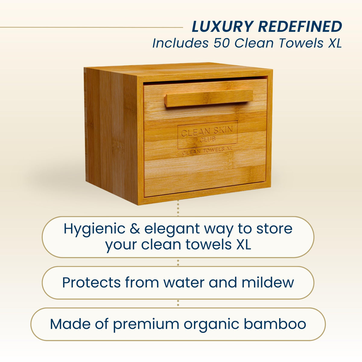 CLEAN SKIN CLUB disposable face towels stacked inside bamboo container