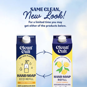 Cleancult Lemon Verbena hand soap refill next to fresh lemons