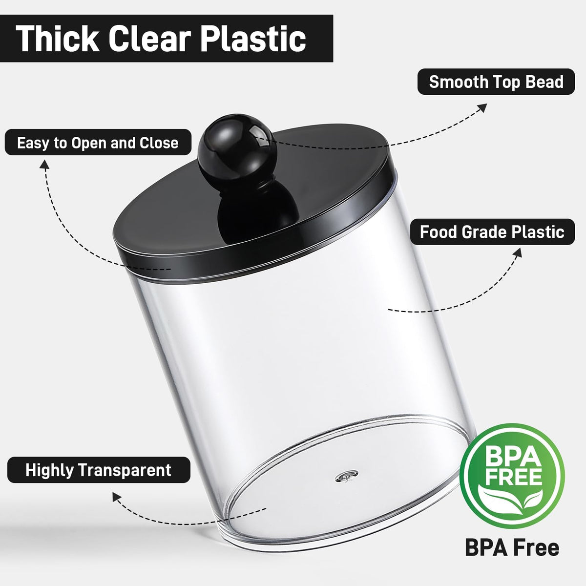 Clear acrylic jars with black labels for cotton swabs and balls