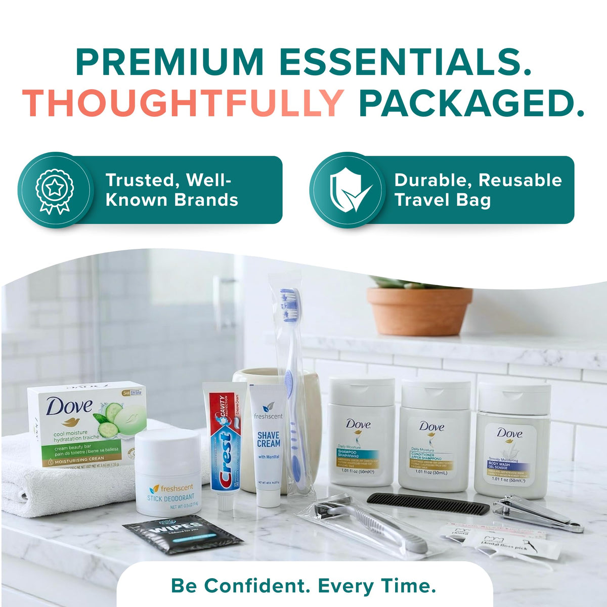 Clear bag containing TREKTOTE 20-Piece Hygiene Kit