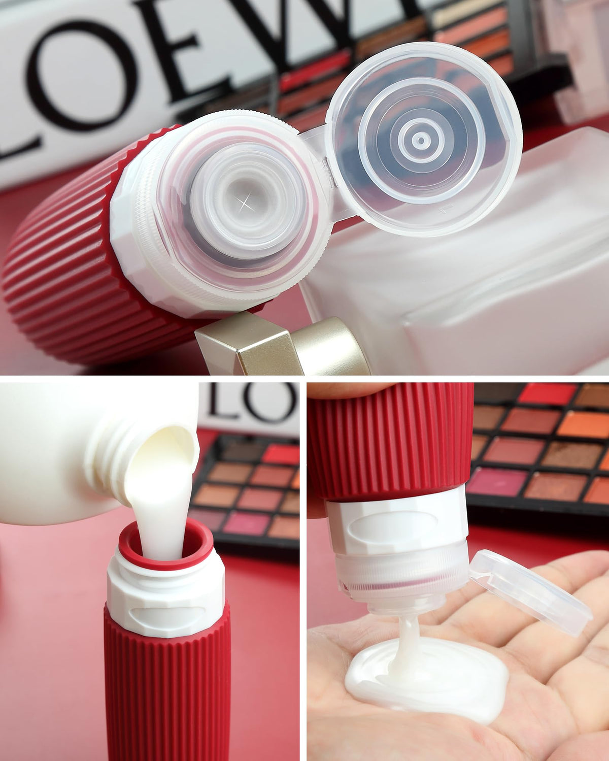 Clear makeup bag containing Mrsdry travel bottles