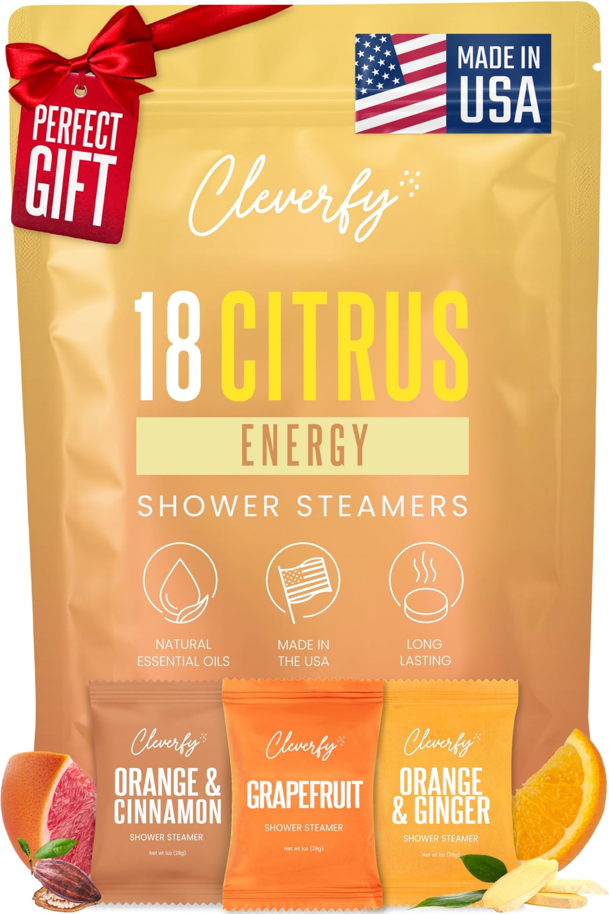 CLEVERFY Citrus Shower Steamers packaging with 18 tablets
