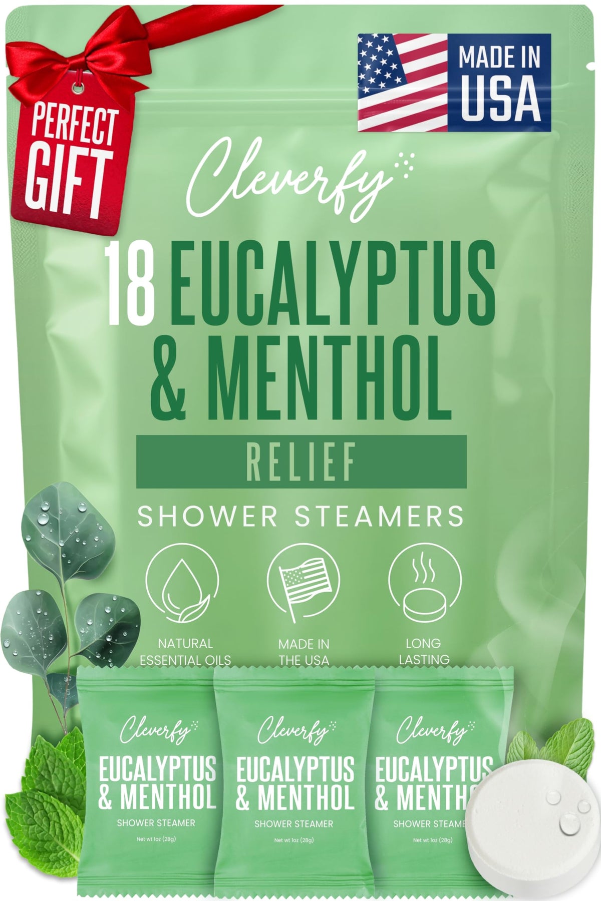 CLEVERFY Eucalyptus Shower Steamers 18 tablets packaging front view