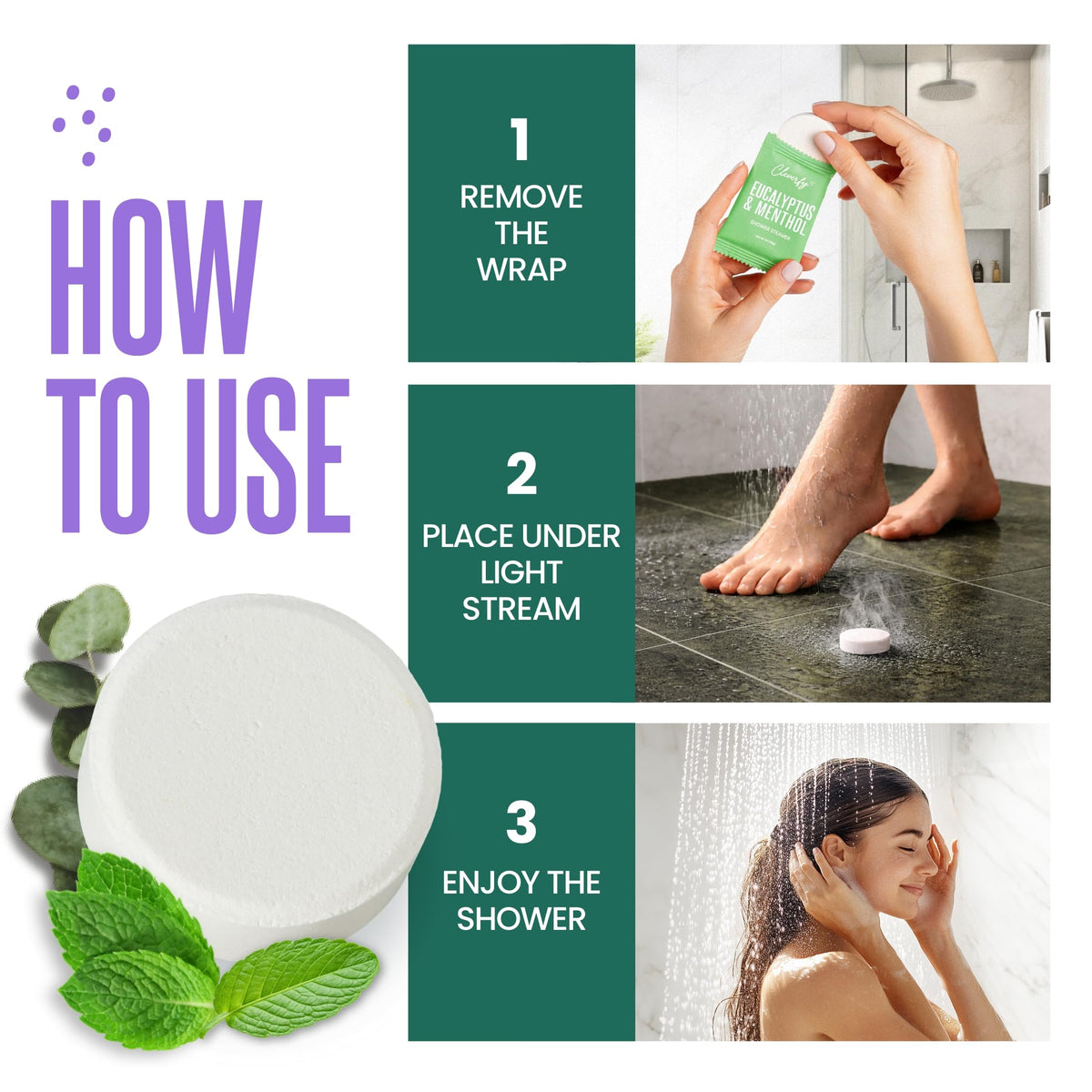 CLEVERFY Eucalyptus Shower Steamers displayed with bath accessories