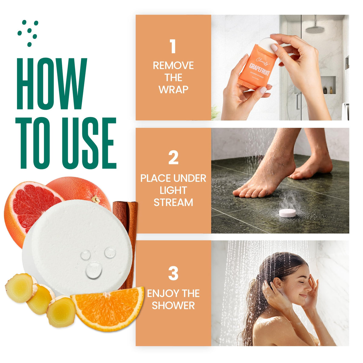 CLEVERFY shower steamer being placed in a shower