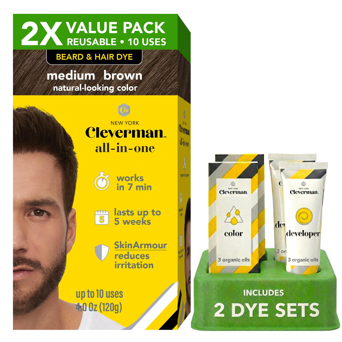 CLEVERMAN 2X Hair & Beard Dye Medium Brown front view