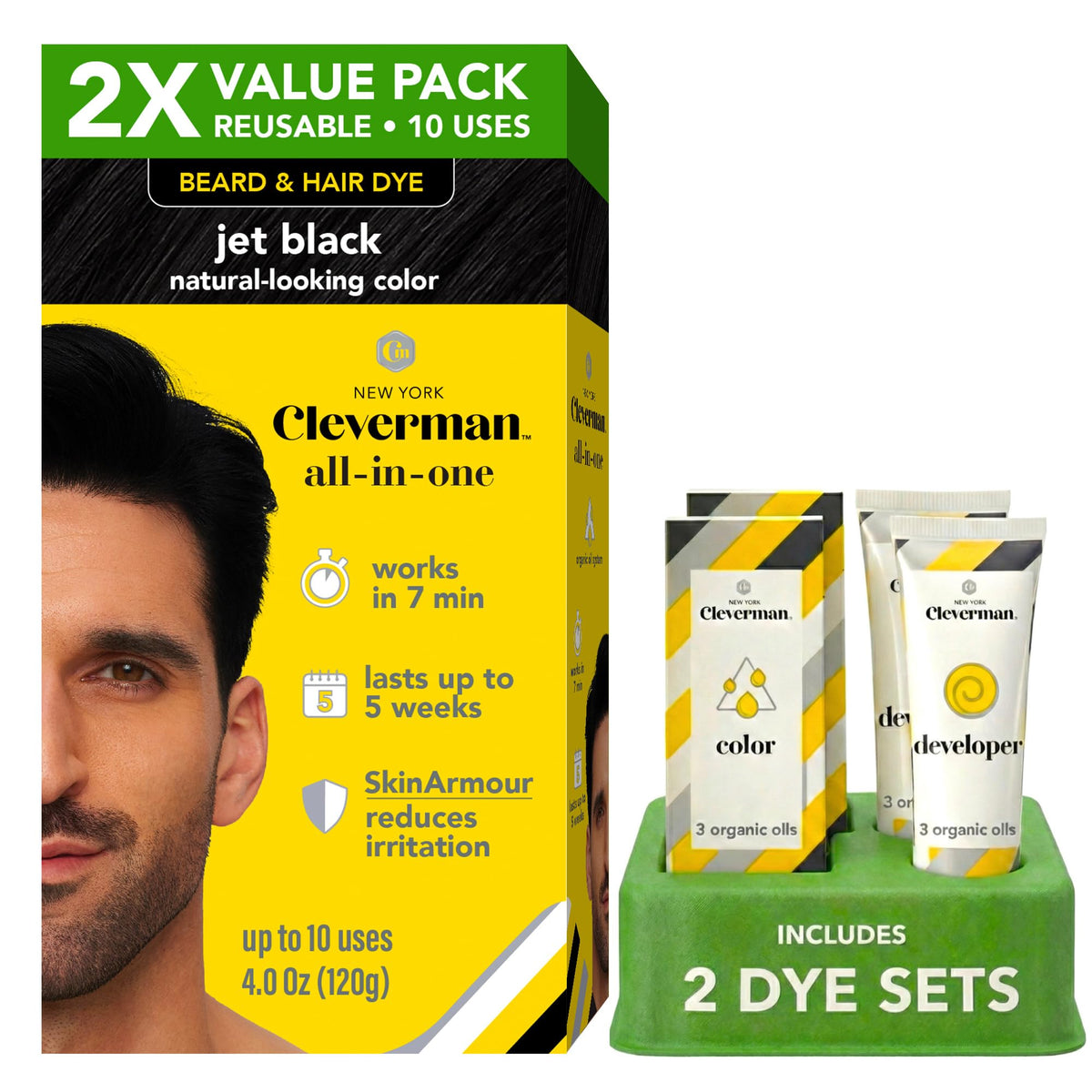 CLEVERMAN 2X Reusable Hair & Beard Dye Jet Black front view