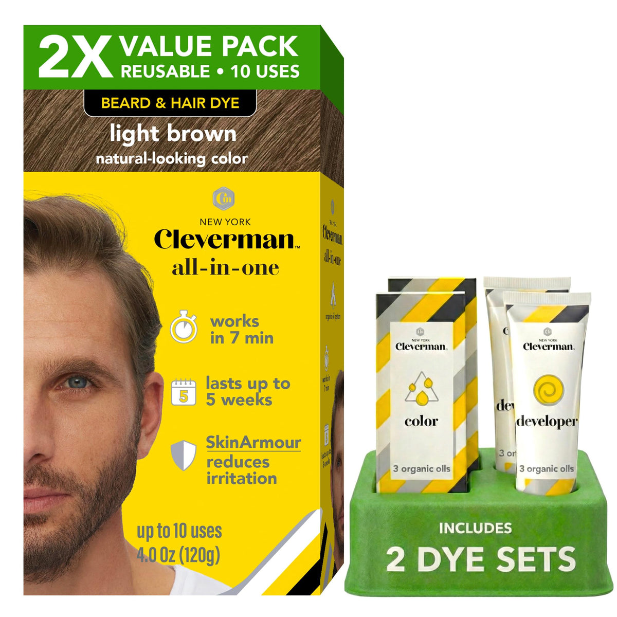 CLEVERMAN 2X Reusable Hair & Beard Dye Light Brown 6.12 front view