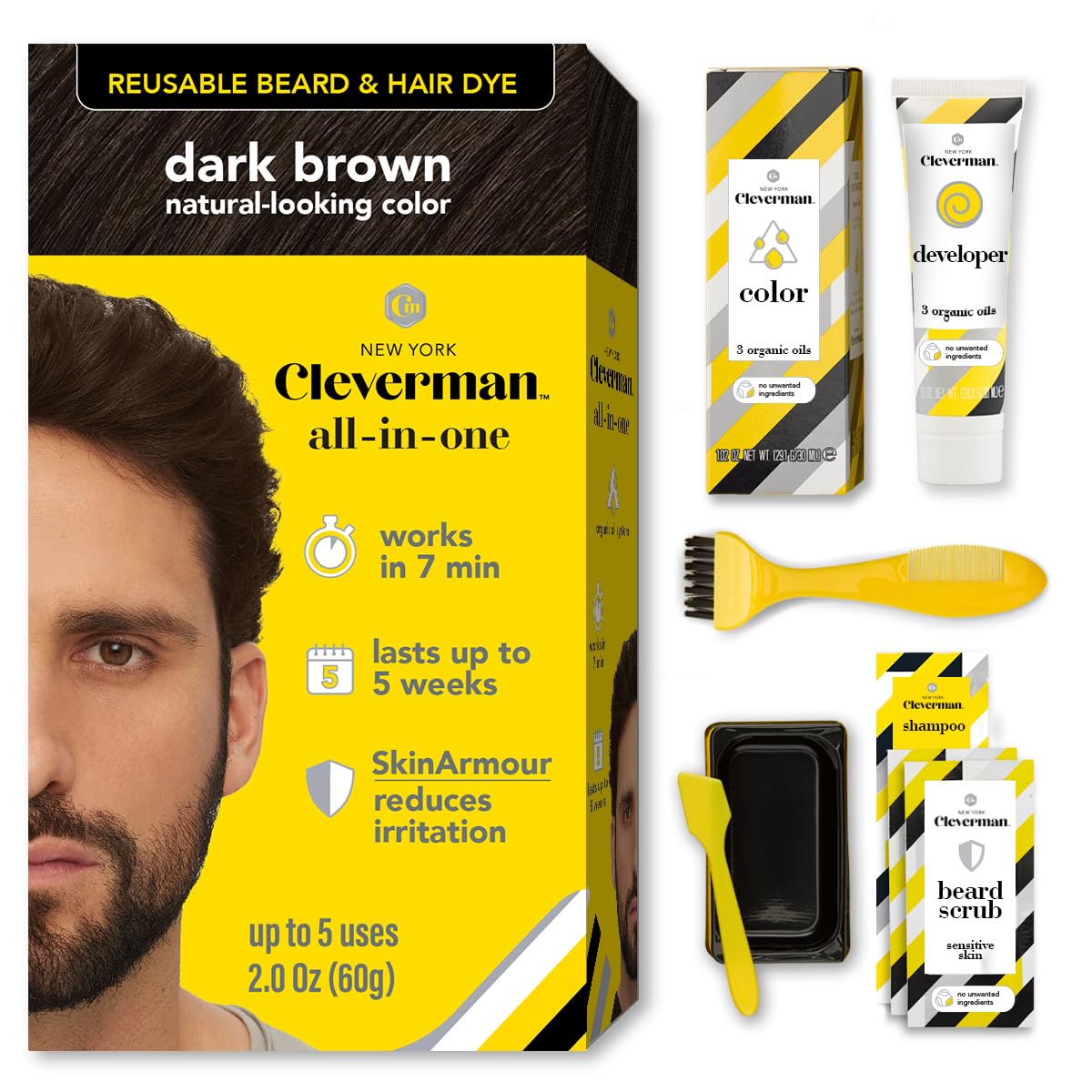 CLEVERMAN dark brown hair and beard dye kit front view