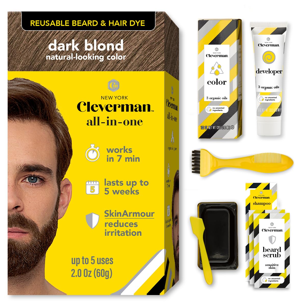 CLEVERMAN Reusable Hair & Beard Dye for Men Dark Blond 7.01 front view