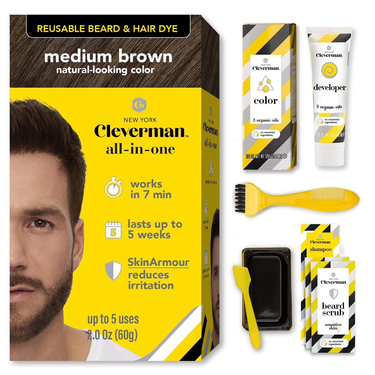CLEVERMAN Reusable Hair & Beard Dye for Men Medium Brown front view