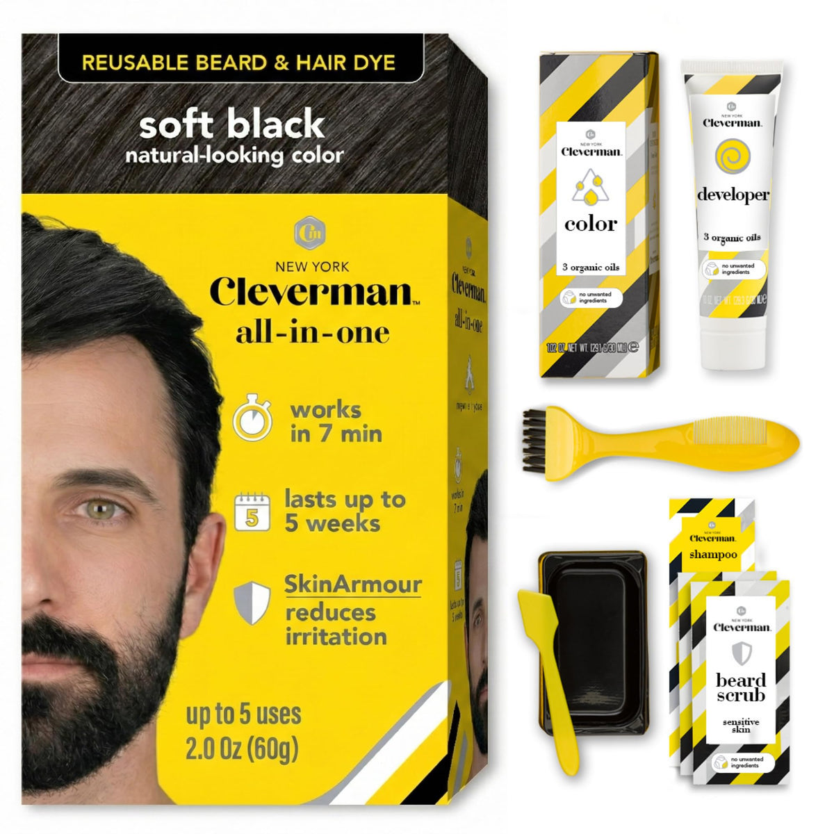 CLEVERMAN Reusable Hair & Beard Dye Soft Black 2.0 packaging front view