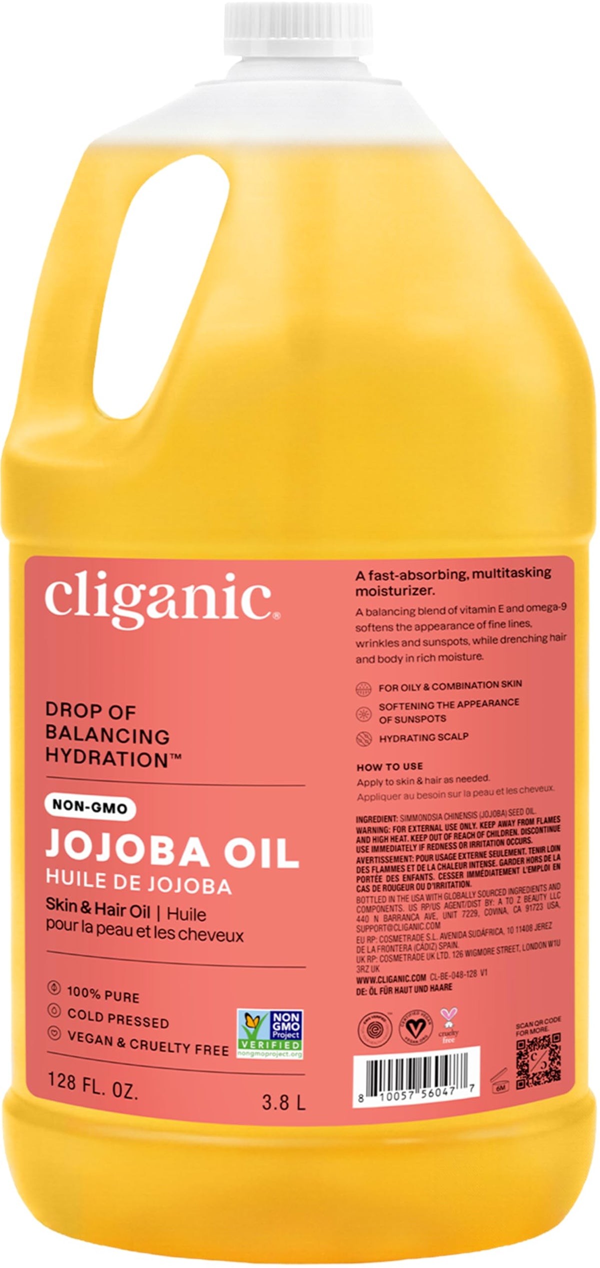 Cliganic Jojoba Oil 128oz bulk gallon front view