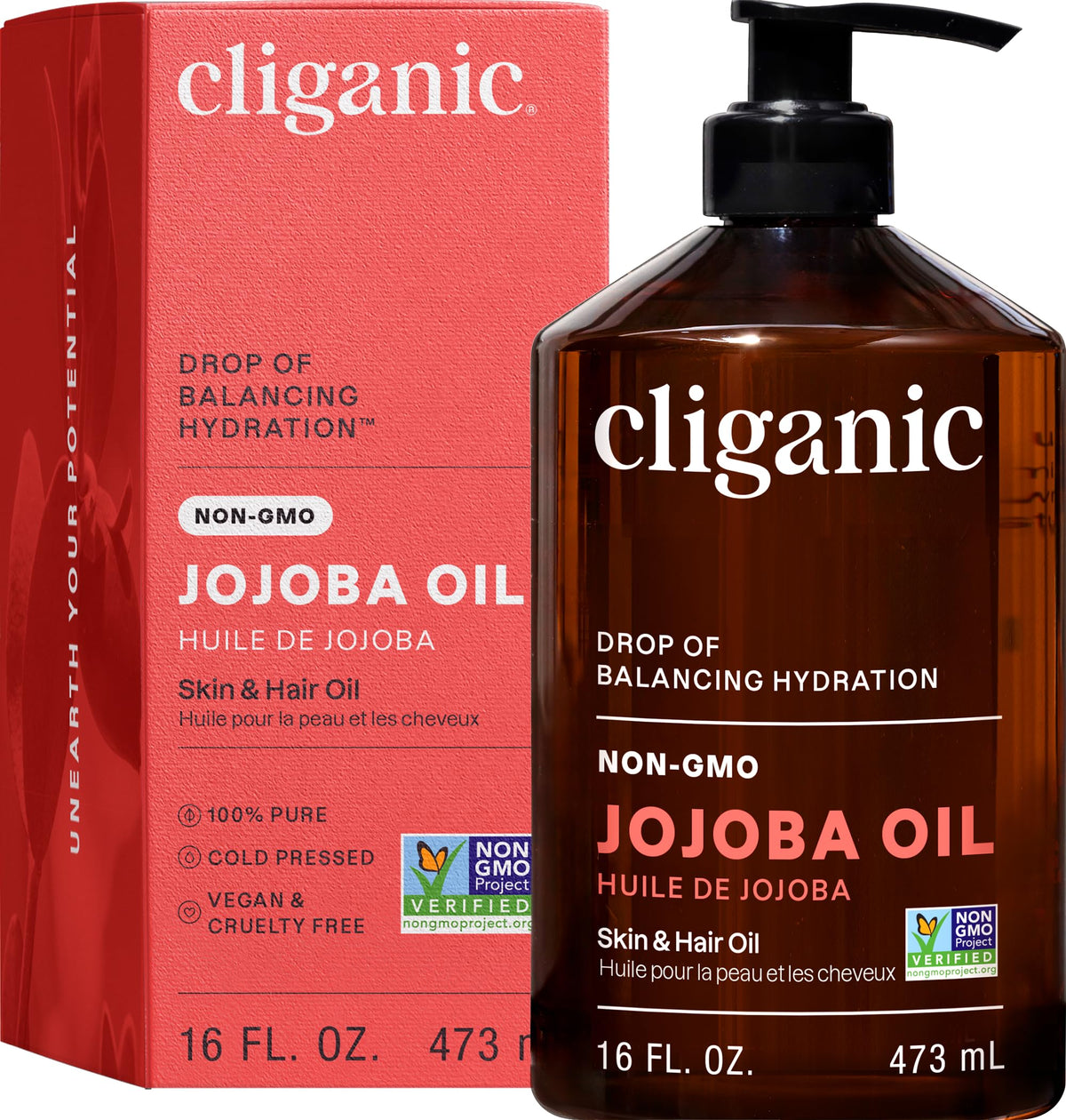 Cliganic Jojoba Oil 16oz bulk bottle with pump front view