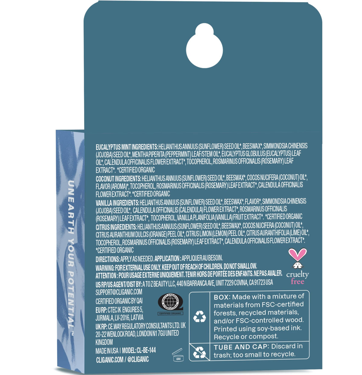 Cliganic lip balm set with a close-up of the ingredients