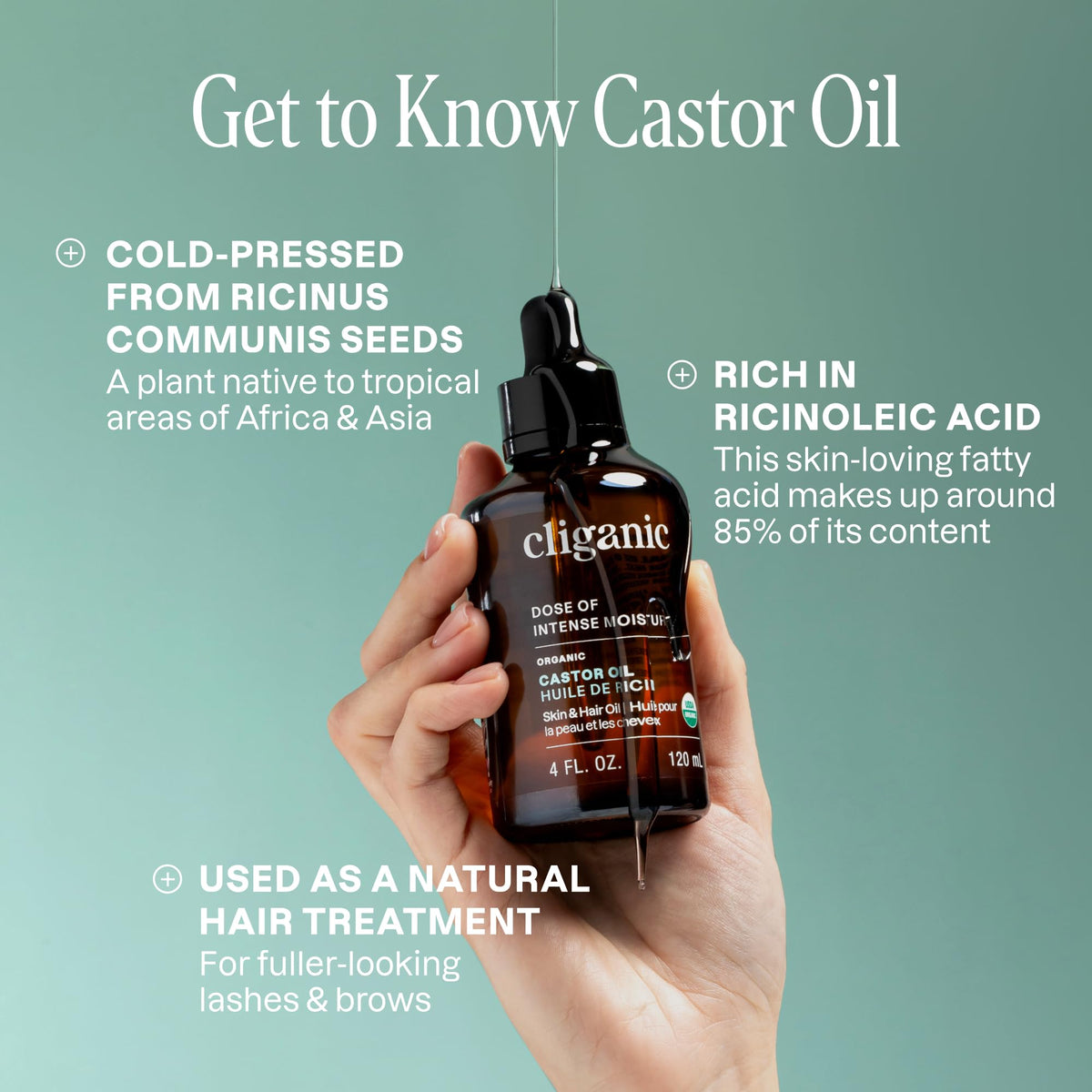 Cliganic Organic Castor Oil 16oz back view with ingredient details