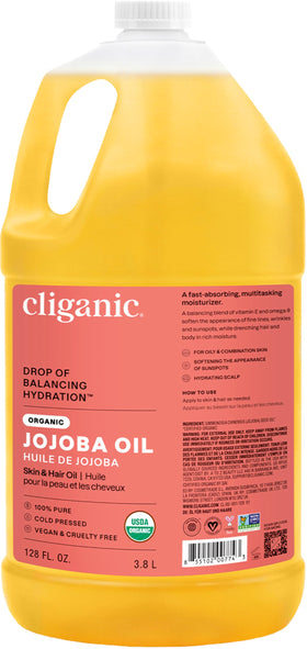 Cliganic Organic Jojoba Oil 128oz gallon front view