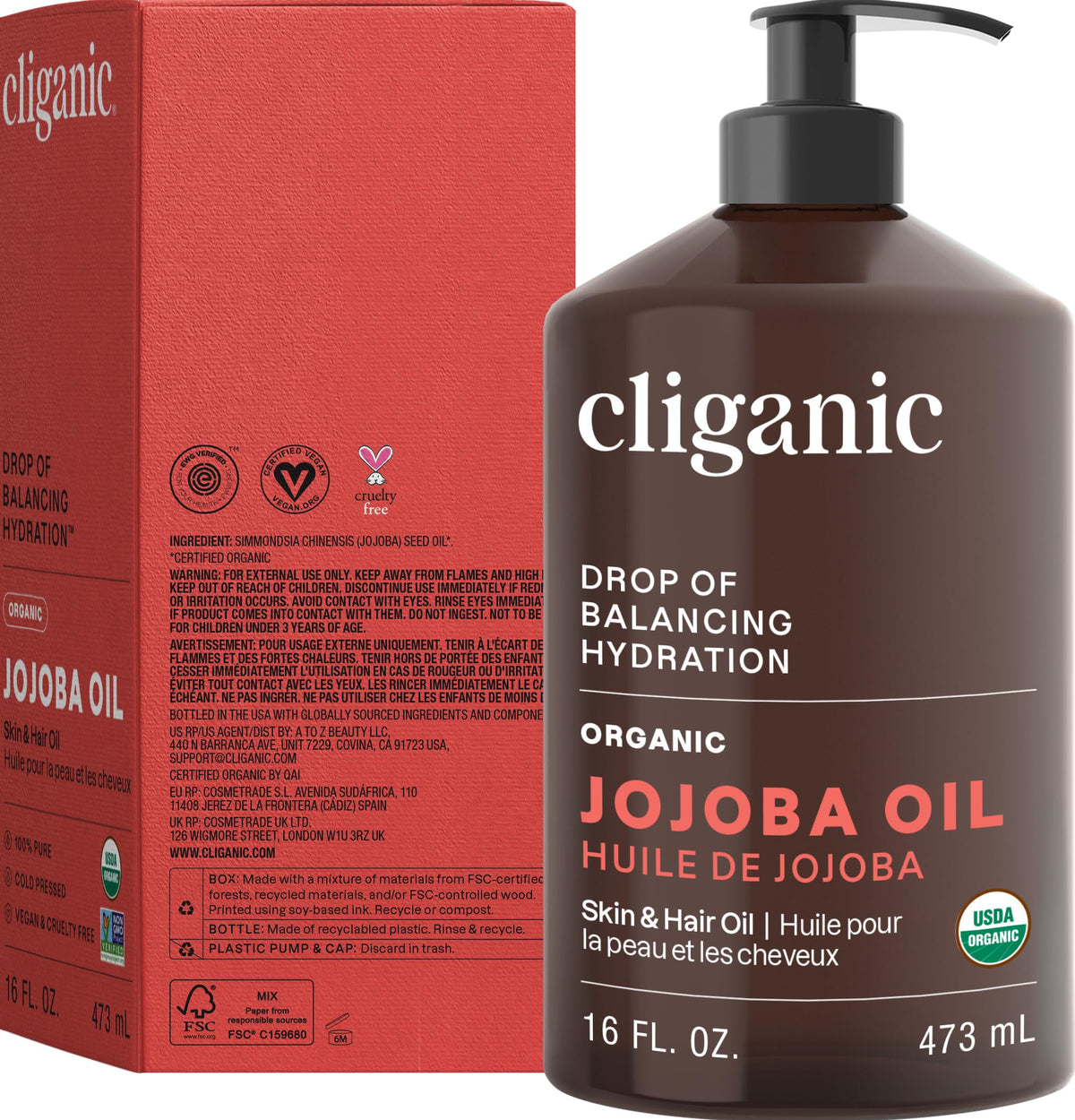 Cliganic Organic Jojoba Oil 16 oz on wooden surface