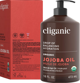 Cliganic Organic Jojoba Oil 16 oz on wooden surface