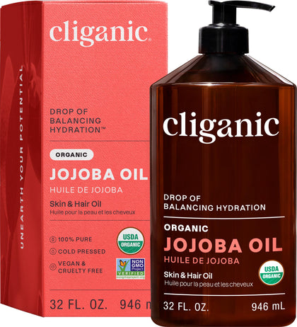 Cliganic Organic Jojoba Oil 32 oz bottle with pump front view