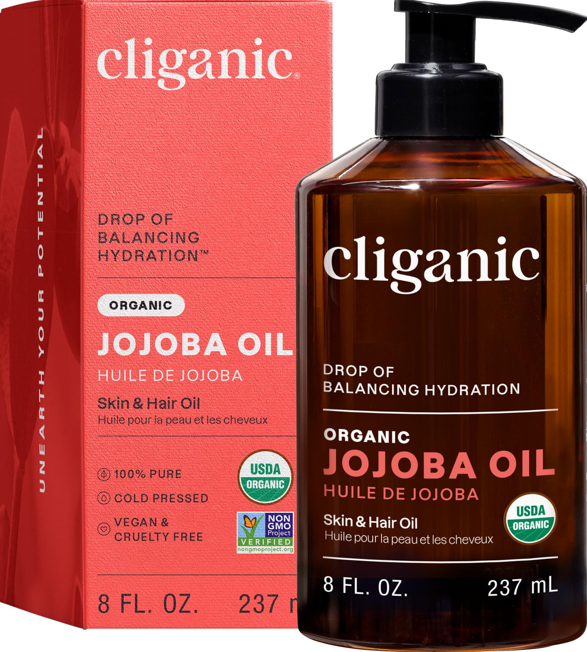 Cliganic Organic Jojoba Oil 8oz front view with label