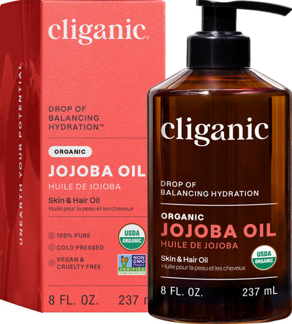 Cliganic Organic Jojoba Oil 8oz front view with label