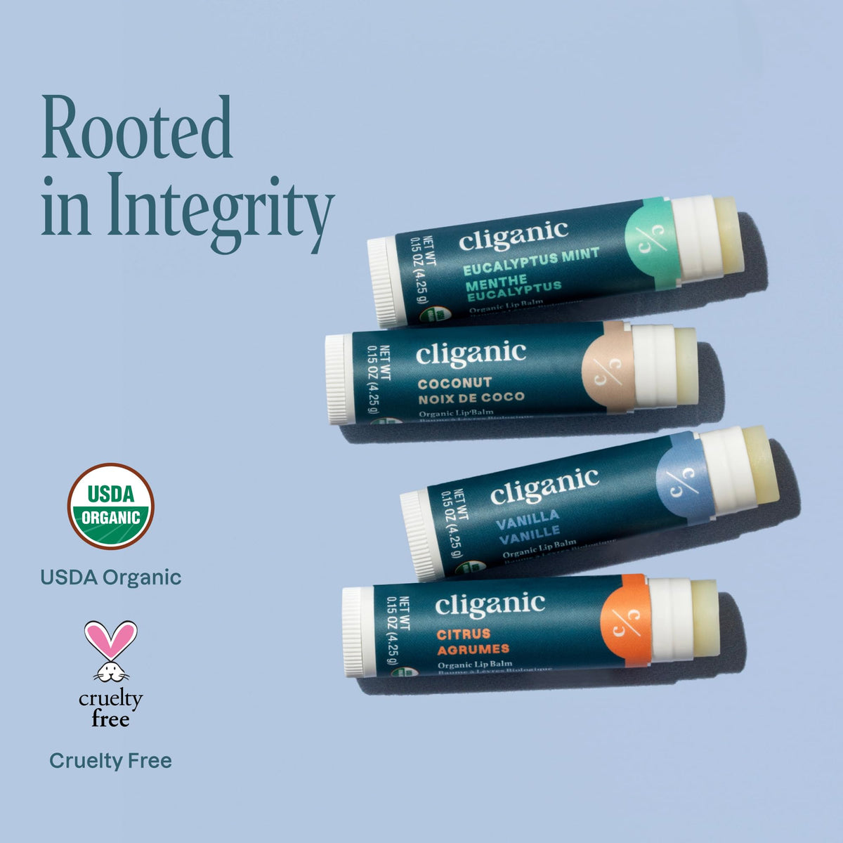 Cliganic organic lip balm set displayed on a table
