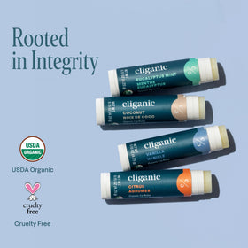 Cliganic organic lip balm set displayed on a table