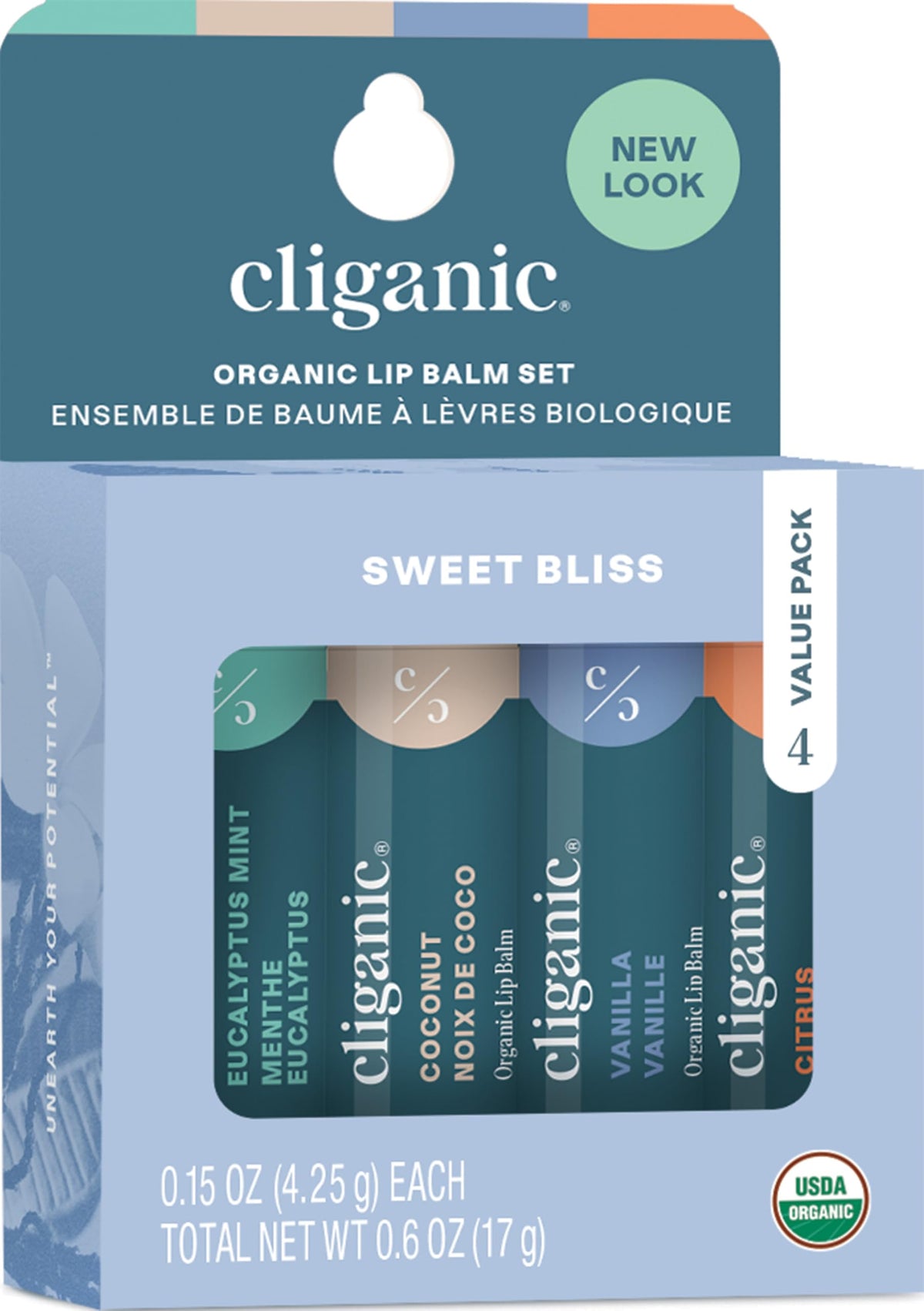 Cliganic Organic Lip Balm Set featuring four flavours in packaging