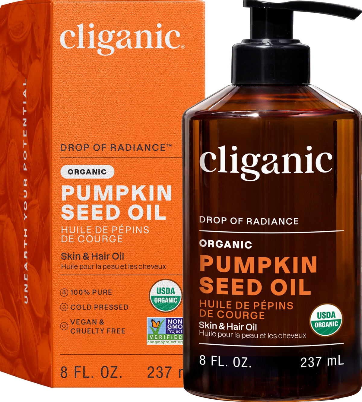 Cliganic Organic Pumpkin Seed Oil 281g front view with pump