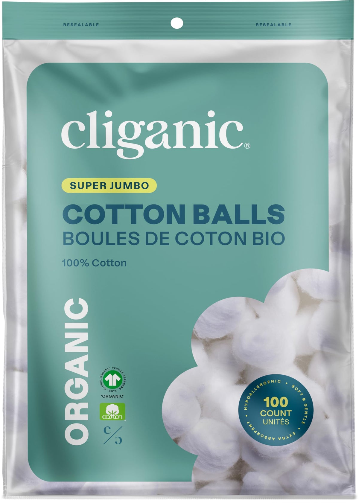 Cliganic Organic Super Jumbo Cotton Balls 100 Count packaging front view