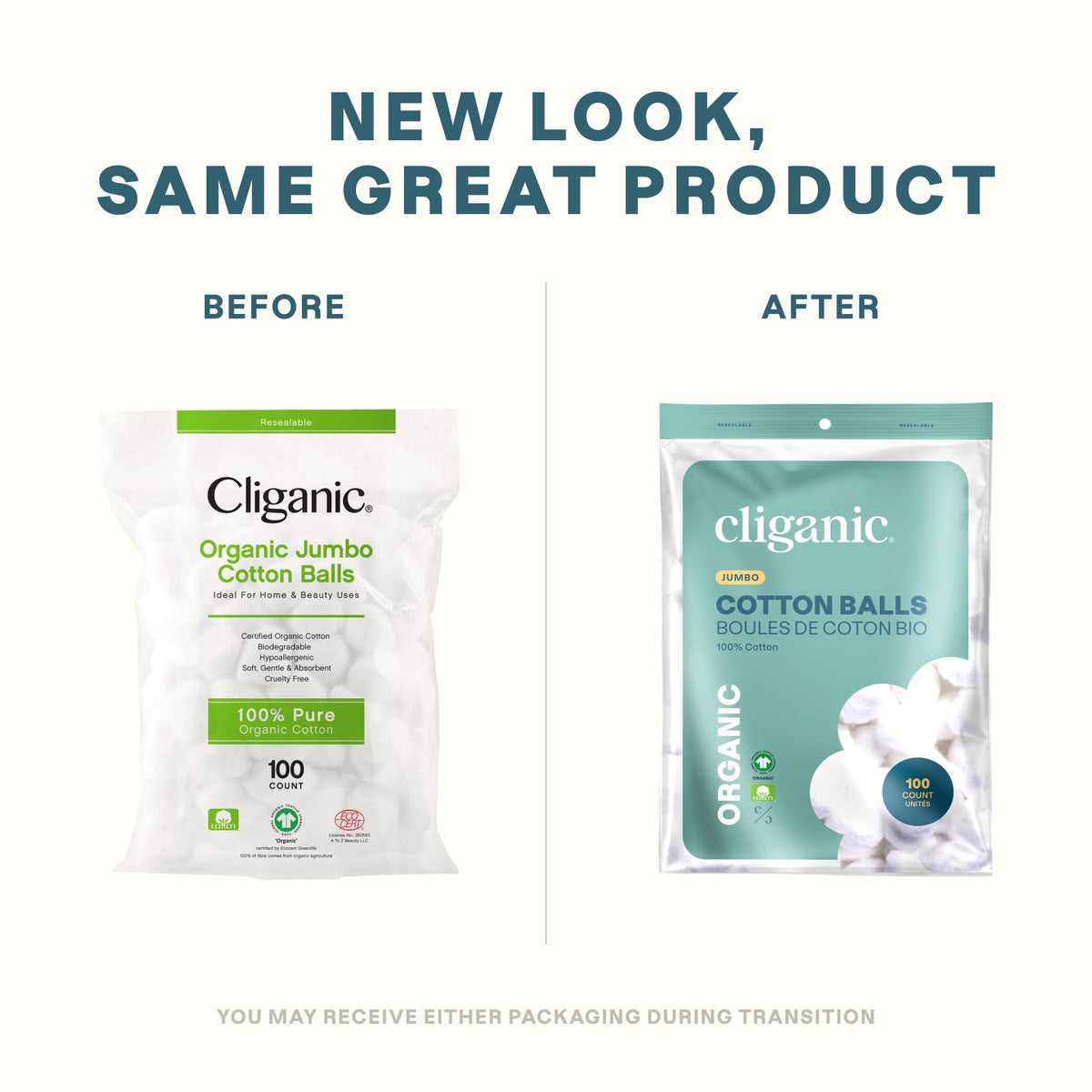 Cliganic Organic Super Jumbo Cotton Balls close-up showing size