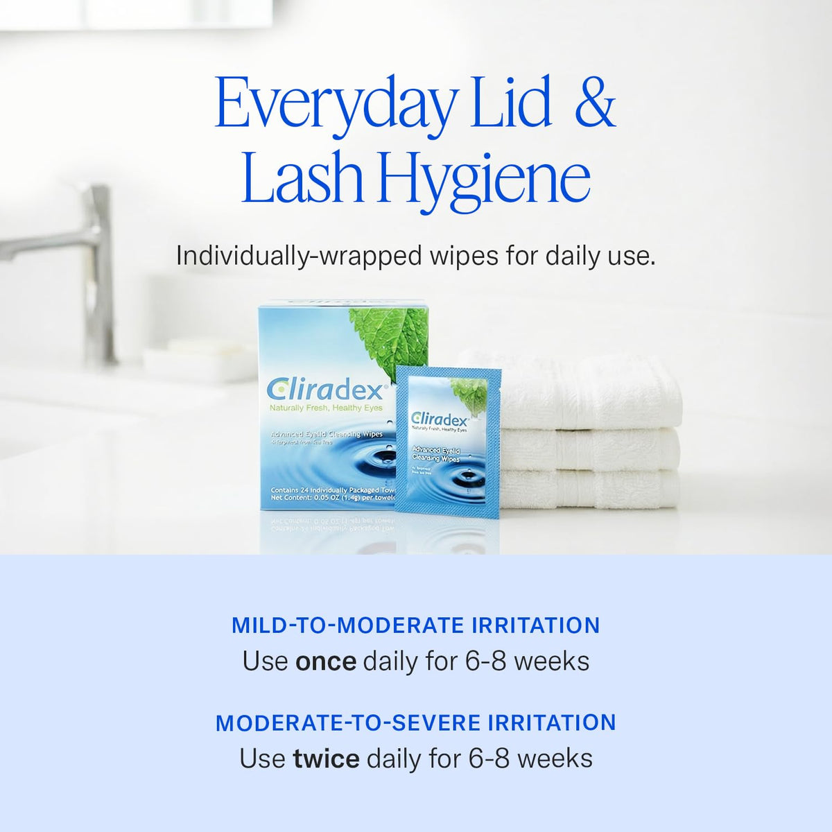 Cliradex Natural Eyelid Towelettes in a bathroom setting