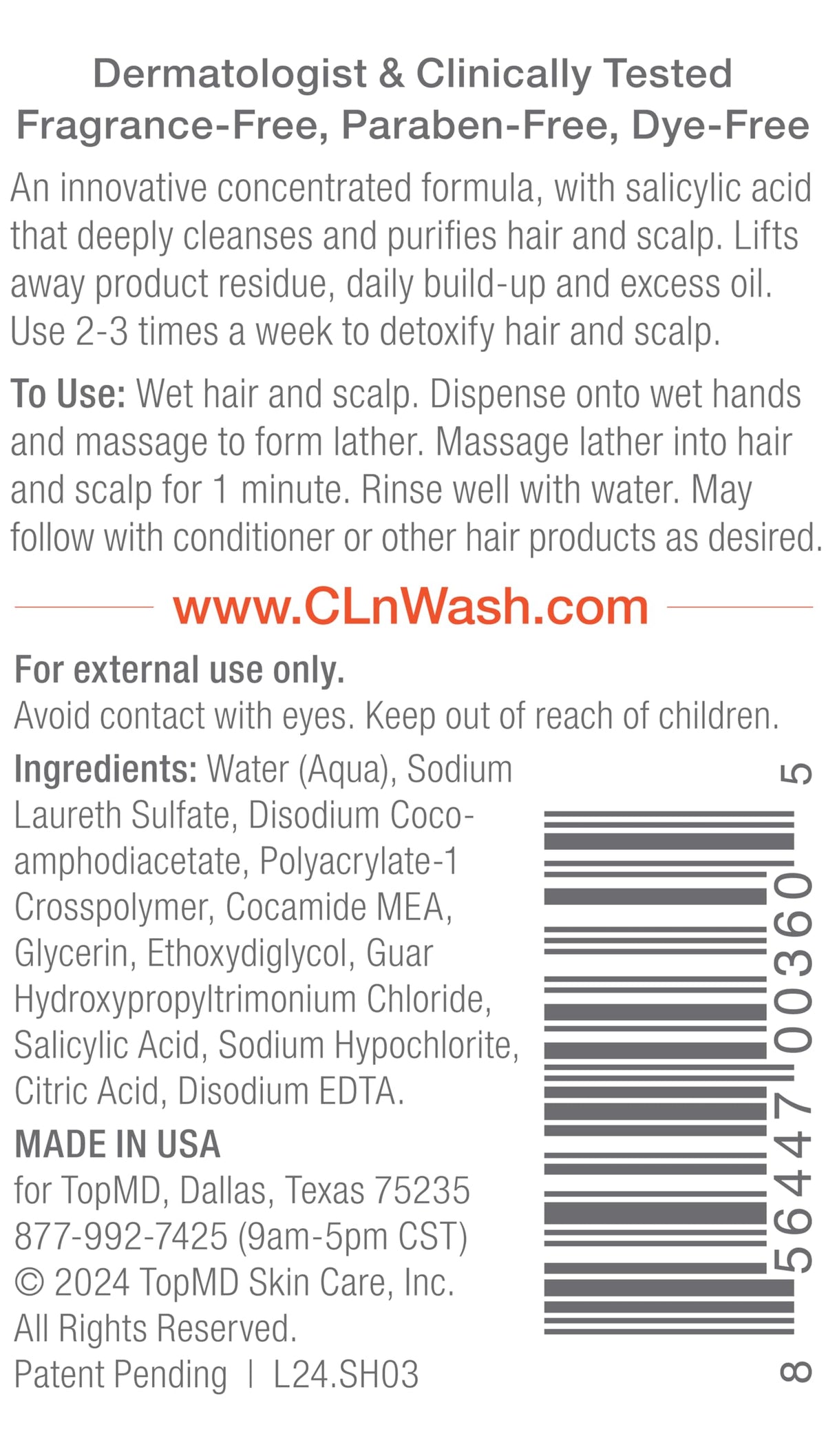 CLn Shampoo back view showing ingredients