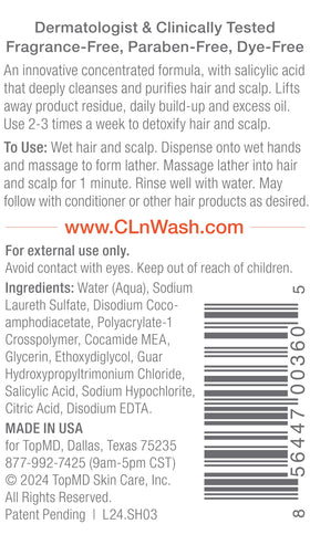 CLn Shampoo back view showing ingredients