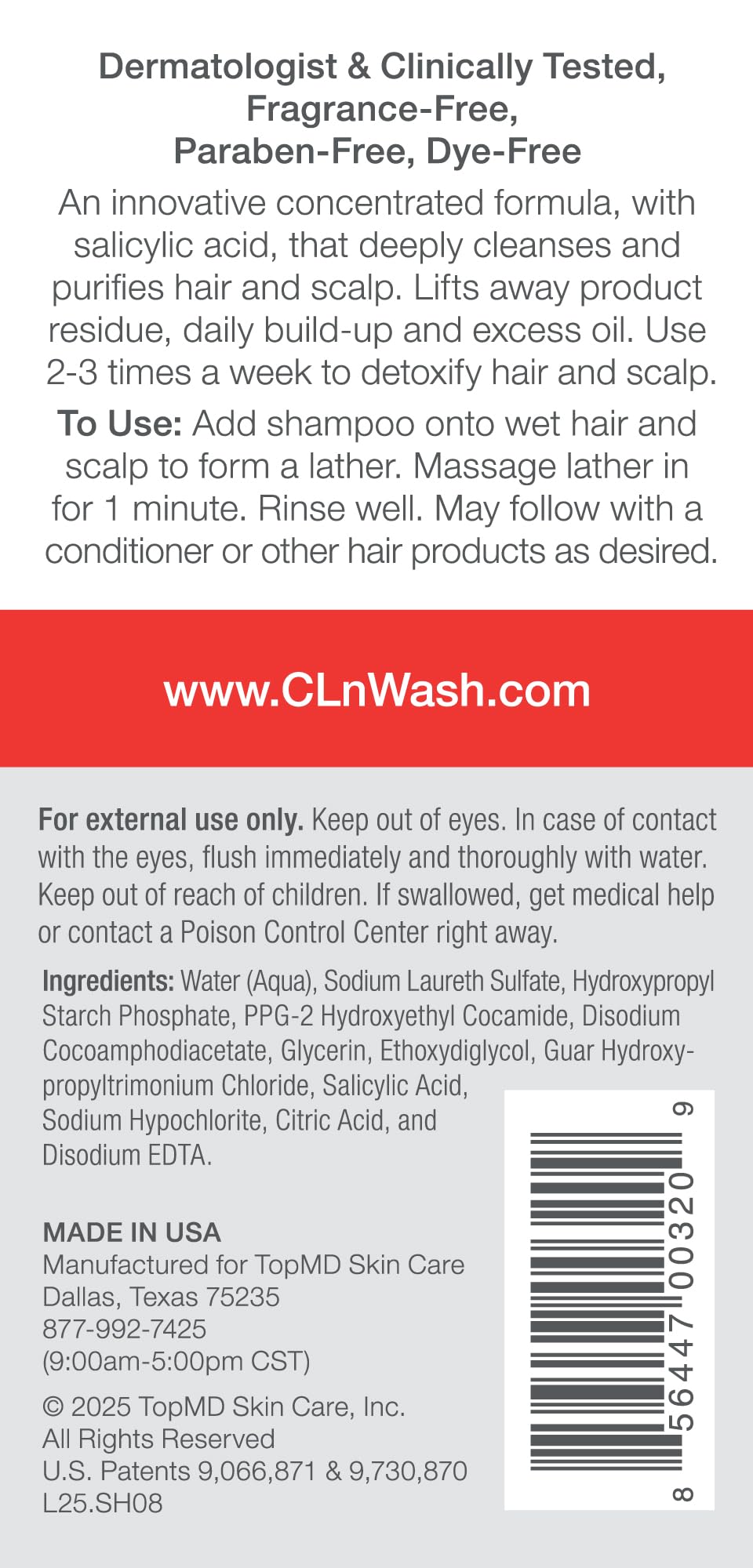 CLn Shampoo bottle side view showing salicylic acid