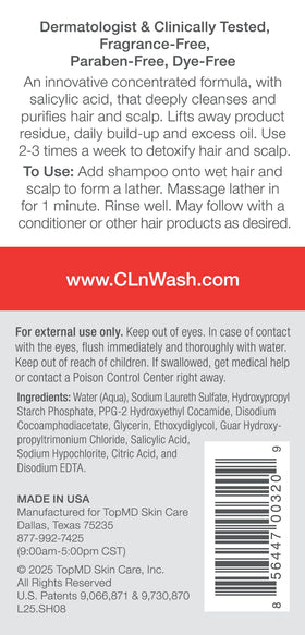 CLn Shampoo bottle side view showing salicylic acid