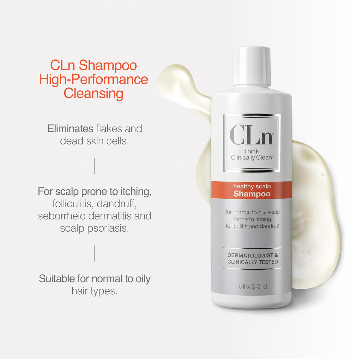 CLn Shampoo in a bathroom setting next to conditioner