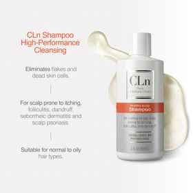 CLn Shampoo in use on a person with oily hair