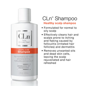 CLn Shampoo packaging with product dimensions