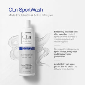 CLn SportWash 12 fl oz bottle on a bathroom counter