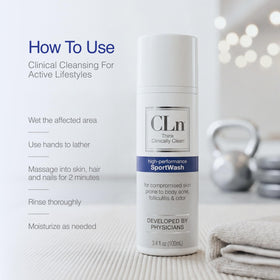 CLn SportWash 12 fl oz bottle with sports gear